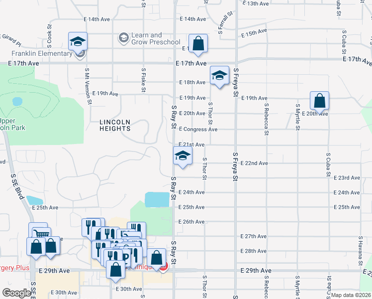 map of restaurants, bars, coffee shops, grocery stores, and more near 3303 East 21st Avenue in Spokane