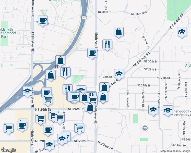 map of restaurants, bars, coffee shops, grocery stores, and more near 15550 Northeast Turing Street in Redmond