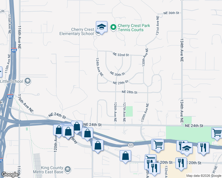 map of restaurants, bars, coffee shops, grocery stores, and more near 12519 Northeast 29th Street in Bellevue