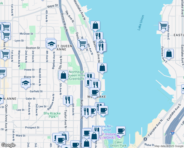 map of restaurants, bars, coffee shops, grocery stores, and more near 1804 Dexter Avenue North in Seattle
