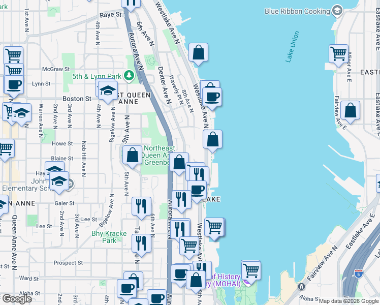map of restaurants, bars, coffee shops, grocery stores, and more near 1804 Dexter Avenue North in Seattle