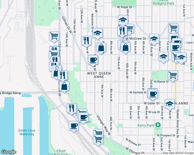 map of restaurants, bars, coffee shops, grocery stores, and more near 1822 10th Avenue West in Seattle