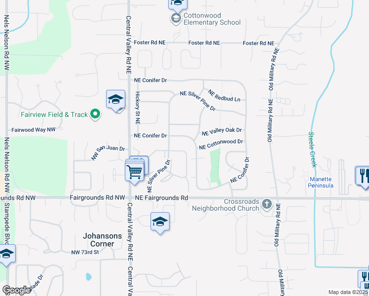 map of restaurants, bars, coffee shops, grocery stores, and more near 351 Northeast Conifer Drive in Bremerton