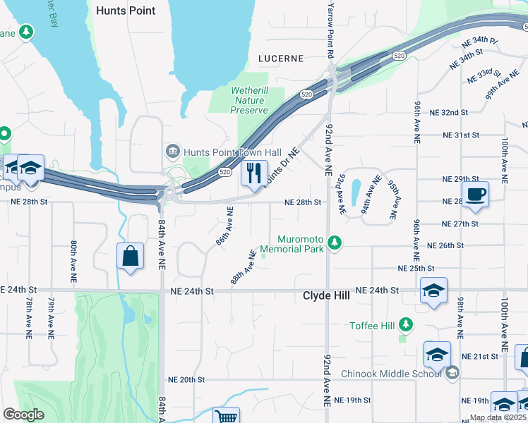 map of restaurants, bars, coffee shops, grocery stores, and more near 2659 90th Avenue Northeast in Clyde Hill