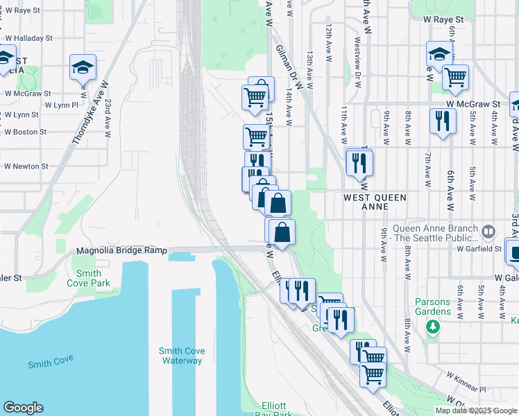 map of restaurants, bars, coffee shops, grocery stores, and more near 1827 15th Avenue West in Seattle