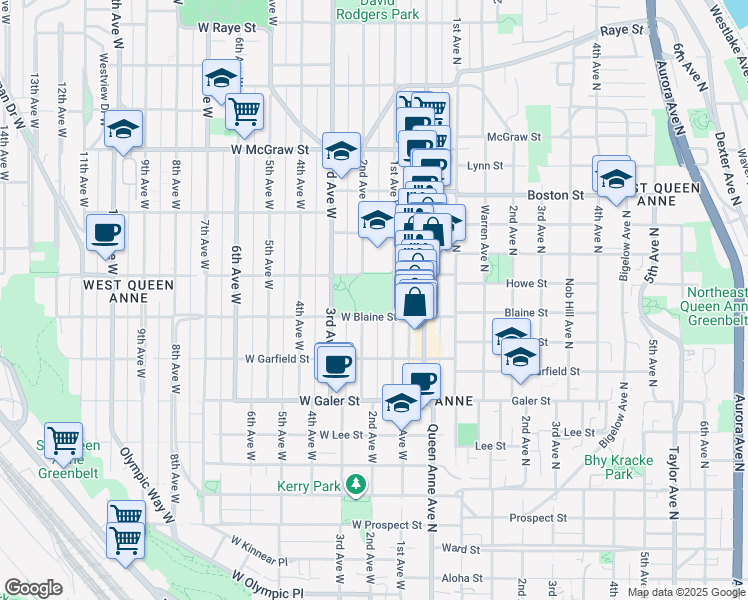 map of restaurants, bars, coffee shops, grocery stores, and more near 150 West Blaine Street in Seattle