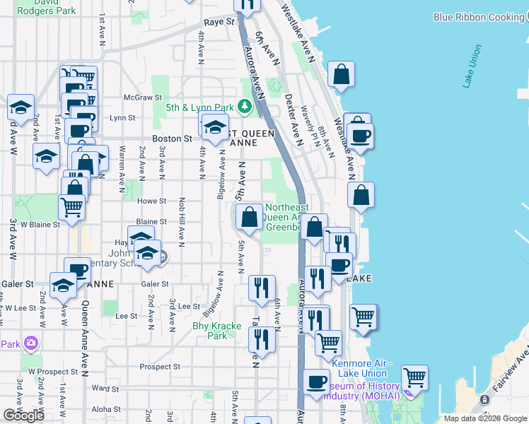 map of restaurants, bars, coffee shops, grocery stores, and more near 1833 Taylor Avenue North in Seattle