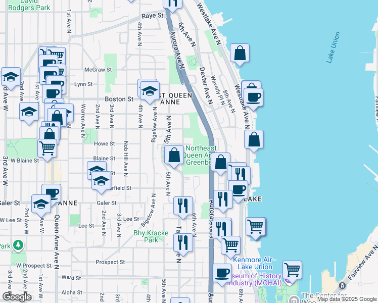 map of restaurants, bars, coffee shops, grocery stores, and more near 1800 Taylor Avenue North in Seattle