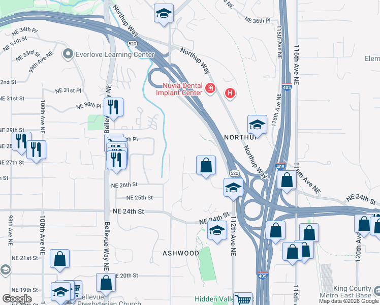 map of restaurants, bars, coffee shops, grocery stores, and more near 2646 109th Place Northeast in Bellevue