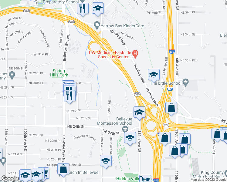 map of restaurants, bars, coffee shops, grocery stores, and more near 2646 109th Place Northeast in Bellevue