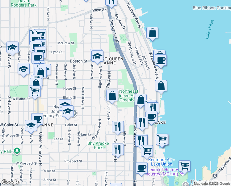 map of restaurants, bars, coffee shops, grocery stores, and more near 1833 Taylor Avenue North in Seattle
