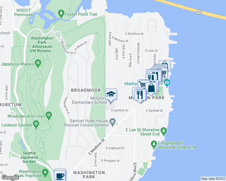 map of restaurants, bars, coffee shops, grocery stores, and more near 1827 38th Avenue East in Seattle