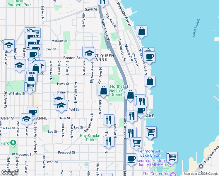 map of restaurants, bars, coffee shops, grocery stores, and more near 1833 Taylor Avenue North in Seattle