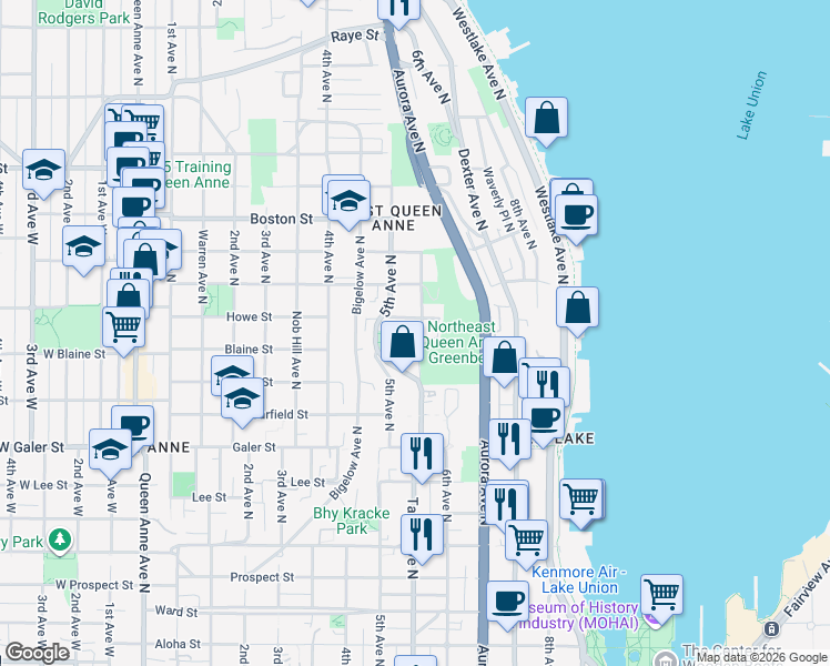 map of restaurants, bars, coffee shops, grocery stores, and more near 1833 Taylor Avenue North in Seattle