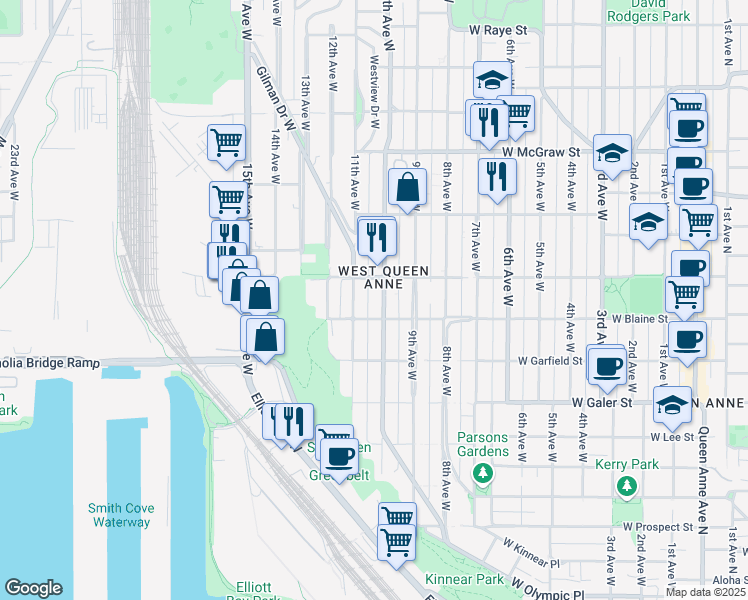 map of restaurants, bars, coffee shops, grocery stores, and more near 1822a 11th Avenue West in Seattle