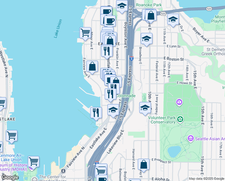 map of restaurants, bars, coffee shops, grocery stores, and more near Eastlake Avenue East in Seattle