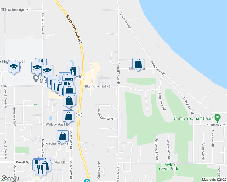 map of restaurants, bars, coffee shops, grocery stores, and more near 823 High School Road Northeast in Bainbridge Island