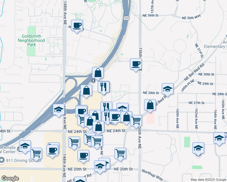 map of restaurants, bars, coffee shops, grocery stores, and more near 15220 Northeast Shen Street in Redmond