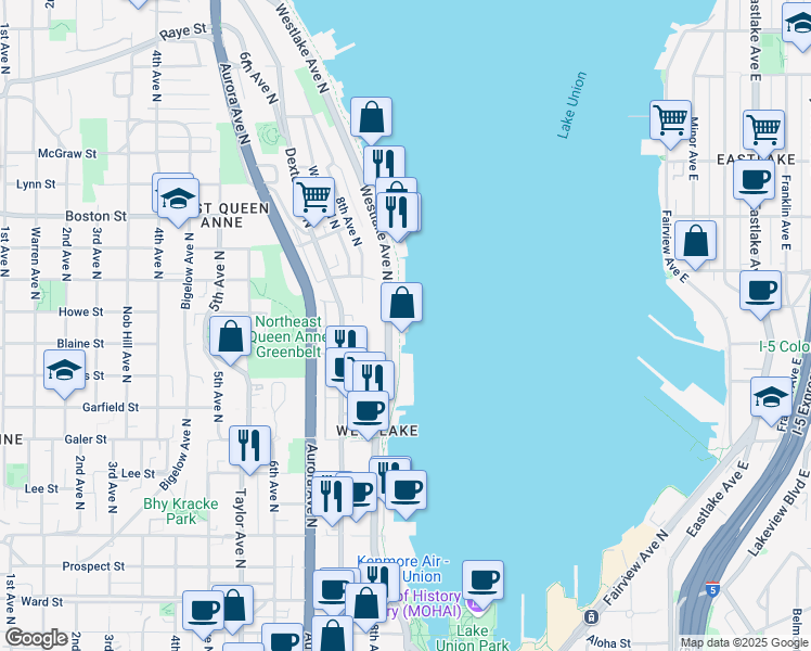 map of restaurants, bars, coffee shops, grocery stores, and more near 1818 Westlake Avenue North in Seattle