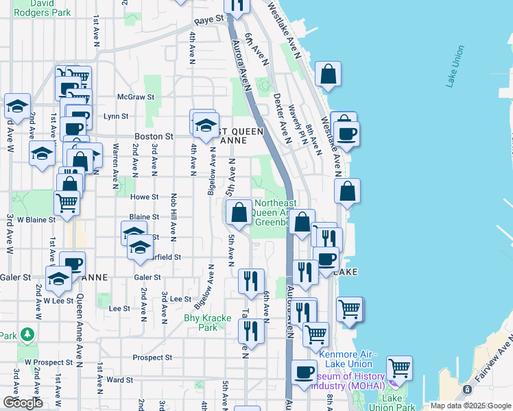 map of restaurants, bars, coffee shops, grocery stores, and more near 1833 Taylor Avenue North in Seattle