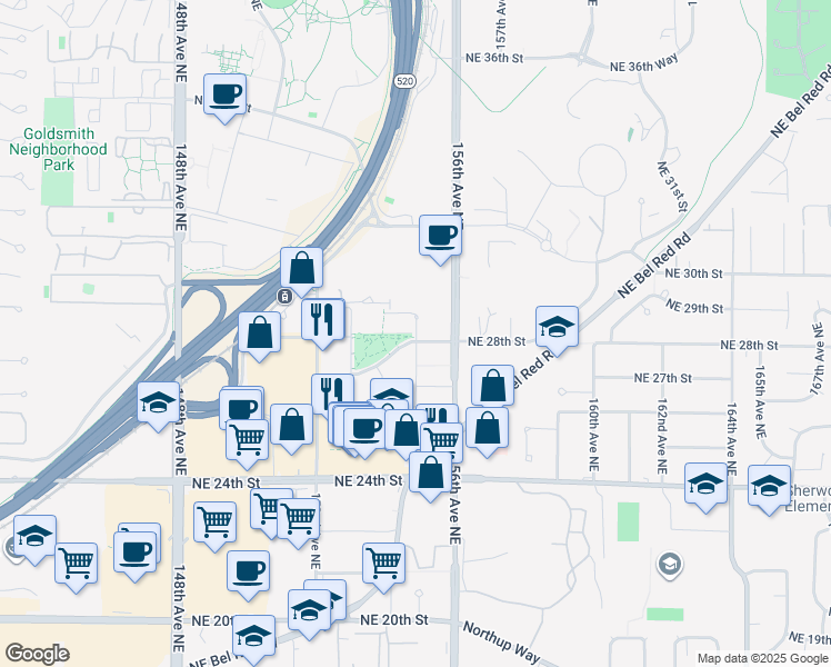 map of restaurants, bars, coffee shops, grocery stores, and more near 15550 Northeast Turing Street in Redmond