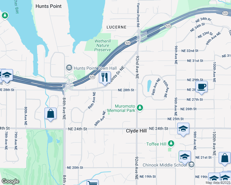 map of restaurants, bars, coffee shops, grocery stores, and more near 2659 90th Avenue Northeast in Clyde Hill