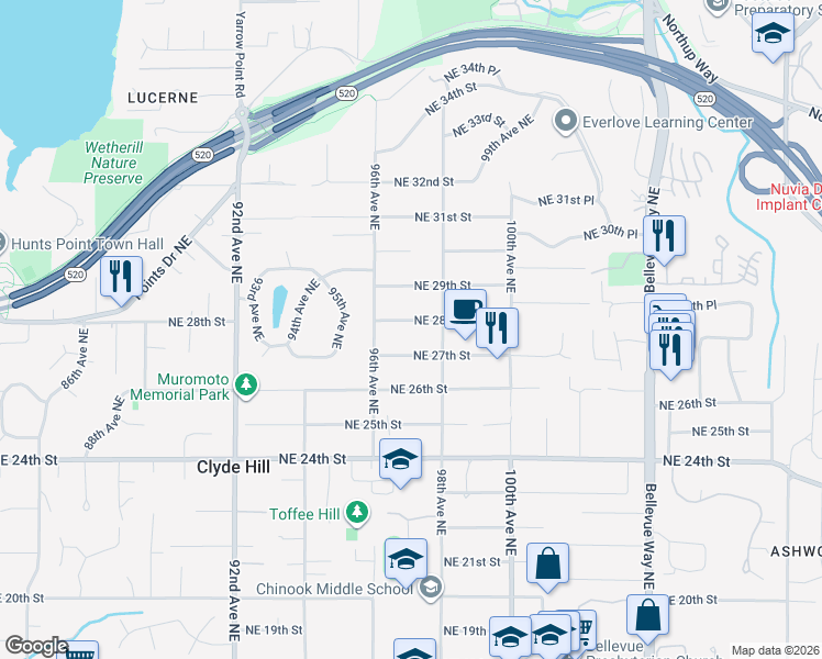 map of restaurants, bars, coffee shops, grocery stores, and more near 9633 Northeast 28th Street in Clyde Hill