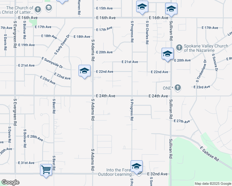 map of restaurants, bars, coffee shops, grocery stores, and more near 14925 East 24th Avenue in Spokane Valley