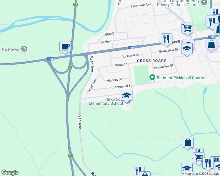 map of restaurants, bars, coffee shops, grocery stores, and more near 1183 Centennial Street in Bathurst