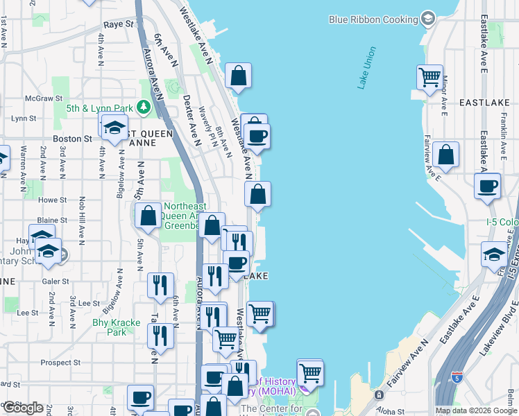 map of restaurants, bars, coffee shops, grocery stores, and more near 1818 Westlake Avenue North in Seattle
