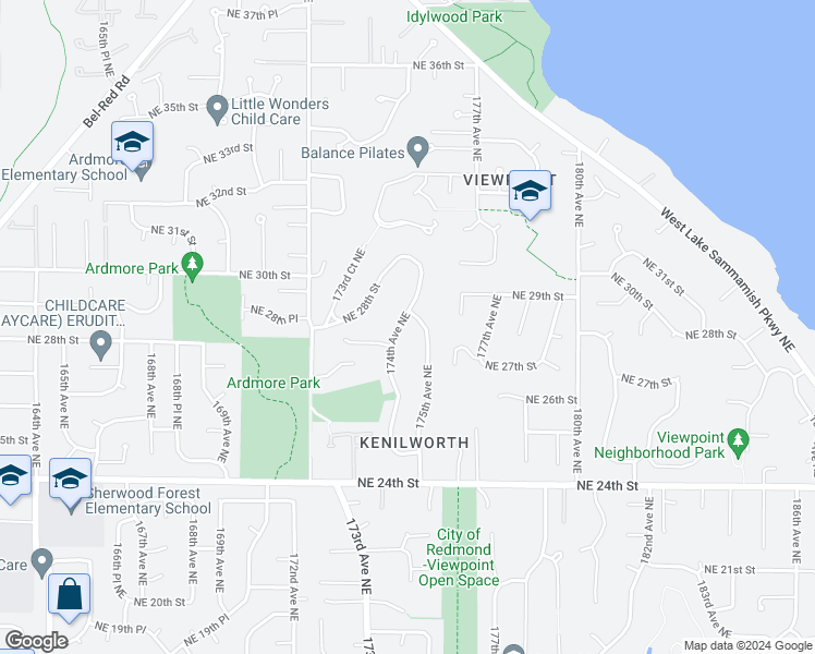 map of restaurants, bars, coffee shops, grocery stores, and more near 2715 174th Avenue Northeast in Redmond