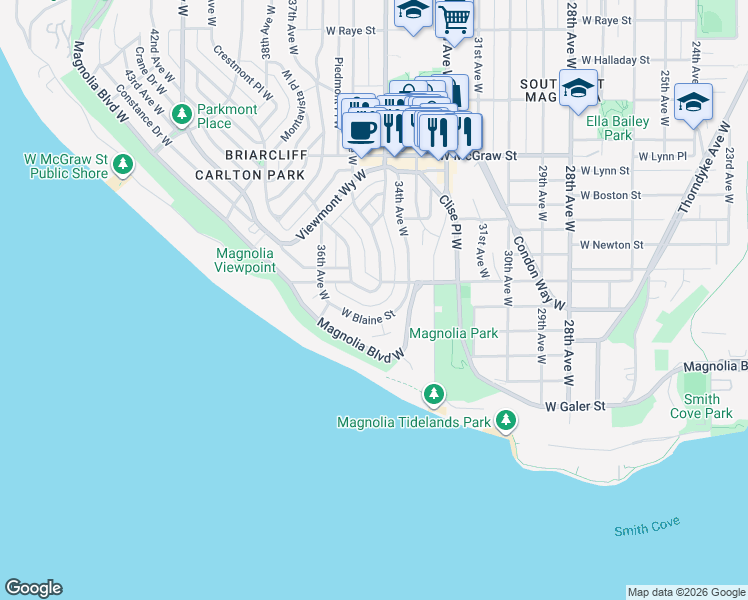 map of restaurants, bars, coffee shops, grocery stores, and more near 3515 West Howe Street in Seattle