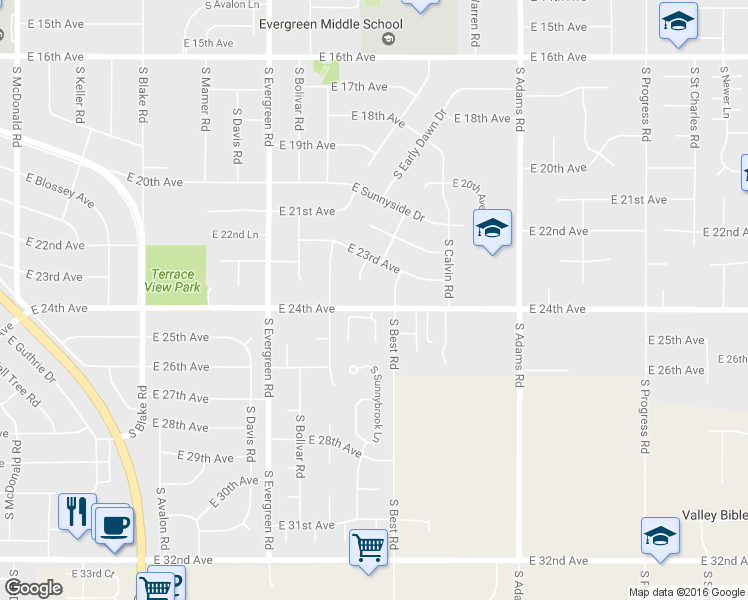 map of restaurants, bars, coffee shops, grocery stores, and more near 14211 East 24th Avenue in Spokane Valley