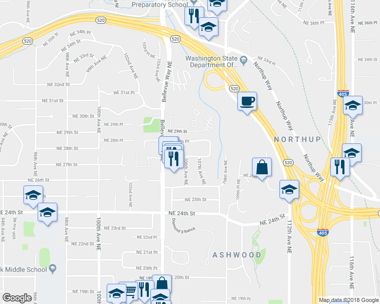 map of restaurants, bars, coffee shops, grocery stores, and more near 10610 Northeast 28th Street in Bellevue