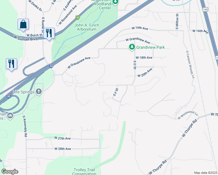 map of restaurants, bars, coffee shops, grocery stores, and more near 3431 West 21st Avenue in Spokane