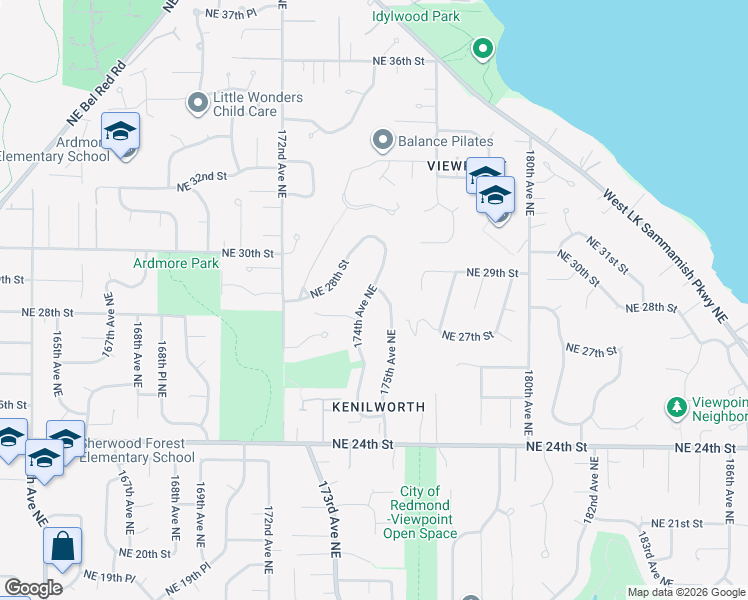 map of restaurants, bars, coffee shops, grocery stores, and more near 2715 174th Avenue Northeast in Redmond