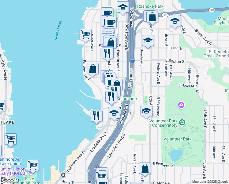 map of restaurants, bars, coffee shops, grocery stores, and more near 1816 Eastlake Avenue East in Seattle