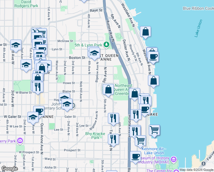 map of restaurants, bars, coffee shops, grocery stores, and more near 1824 5th Avenue North in Seattle