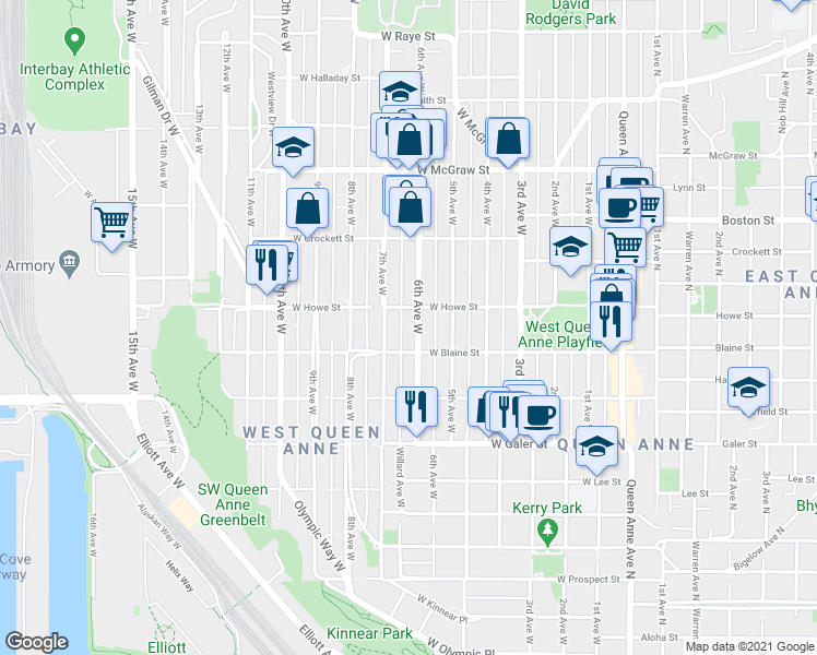 map of restaurants, bars, coffee shops, grocery stores, and more near 1821 6th Avenue West in Seattle