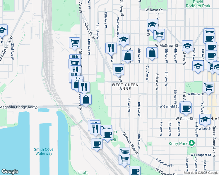 map of restaurants, bars, coffee shops, grocery stores, and more near 1822a 11th Avenue West in Seattle
