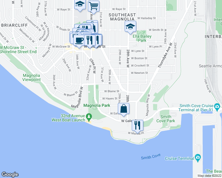 map of restaurants, bars, coffee shops, grocery stores, and more near 2926 West Blaine Street in Seattle