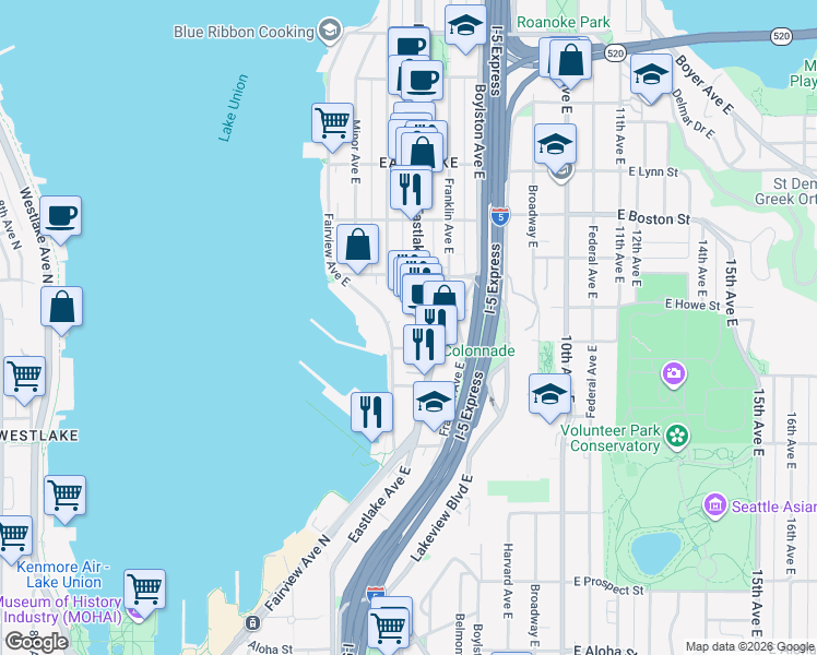 map of restaurants, bars, coffee shops, grocery stores, and more near 188 East Blaine Street in Seattle