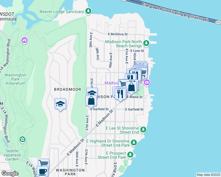 map of restaurants, bars, coffee shops, grocery stores, and more near 1824 40th Ave E in Seattle