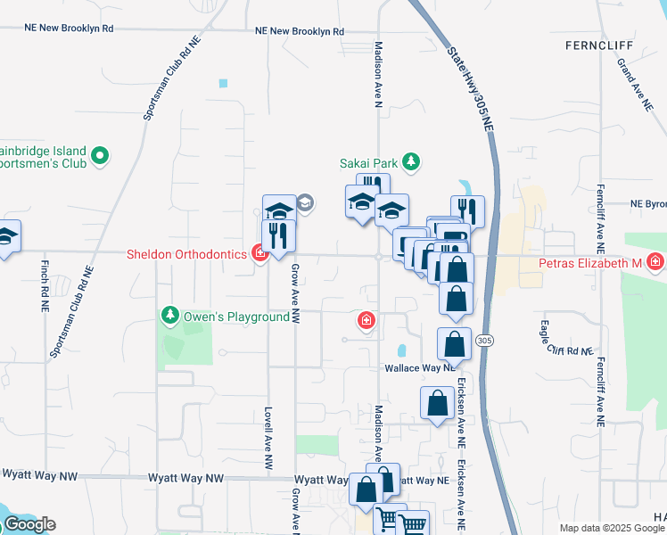 map of restaurants, bars, coffee shops, grocery stores, and more near 245 High School Road Northwest in Bainbridge Island