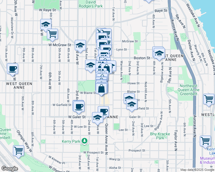 map of restaurants, bars, coffee shops, grocery stores, and more near 1818 Queen Anne Avenue North in Seattle