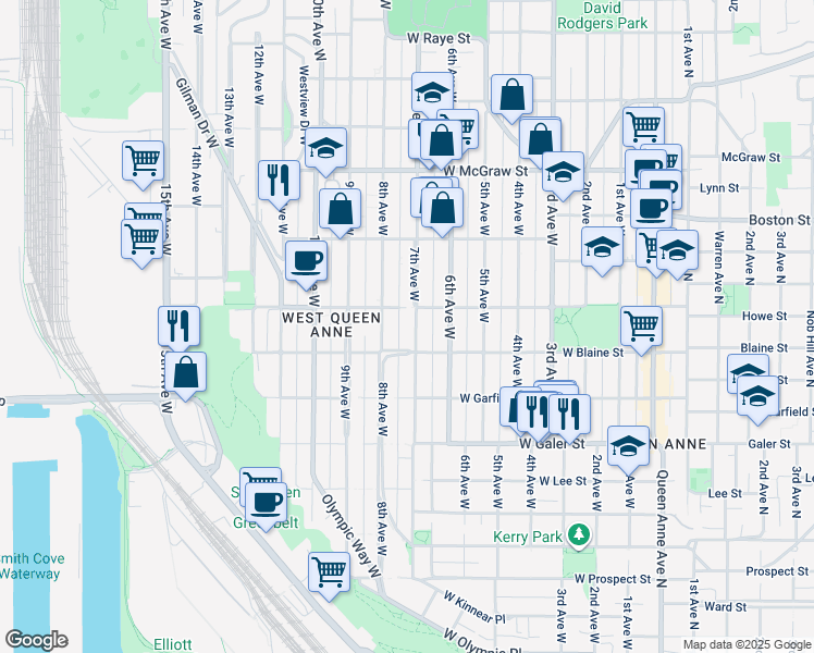 map of restaurants, bars, coffee shops, grocery stores, and more near 1821 7th Avenue West in Seattle