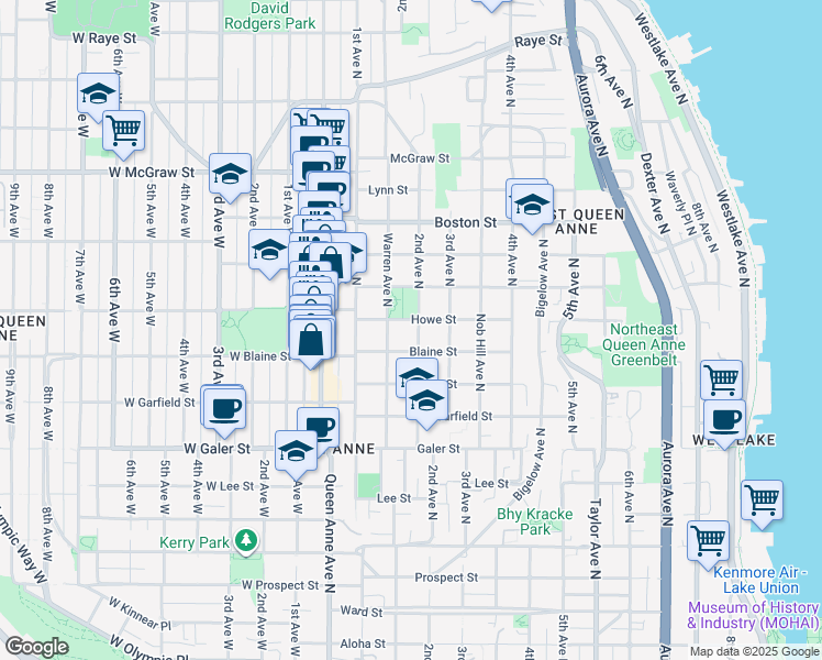 map of restaurants, bars, coffee shops, grocery stores, and more near 1819 2nd Avenue North in Seattle
