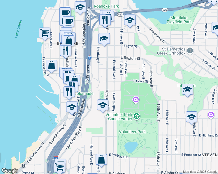 map of restaurants, bars, coffee shops, grocery stores, and more near 1812 10th Avenue East in Seattle
