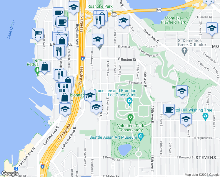 map of restaurants, bars, coffee shops, grocery stores, and more near 1812 Federal Avenue East in Seattle