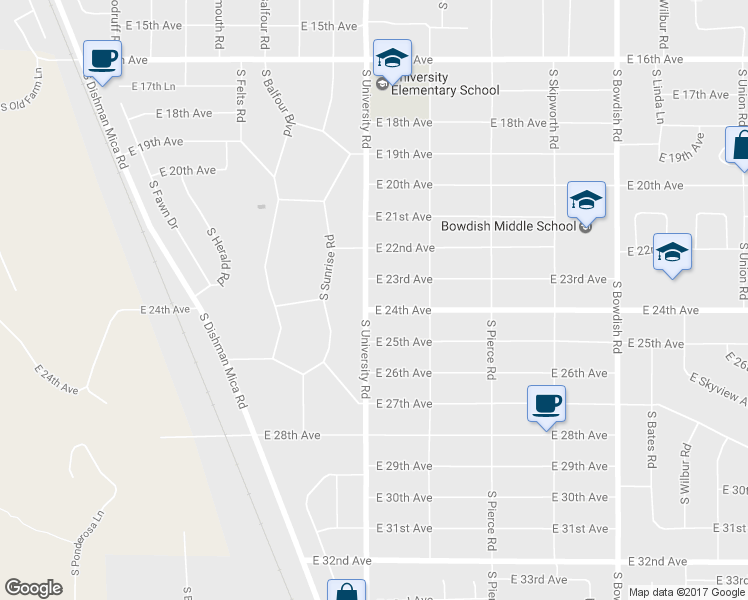 map of restaurants, bars, coffee shops, grocery stores, and more near 2317 South University Road in Spokane Valley